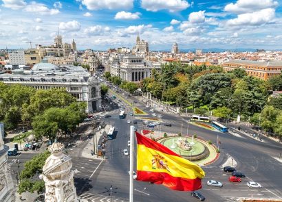 Aerial view of Cibeles fountain at Plaza de Cibeles in Madrid in a beautiful summer day, Spain